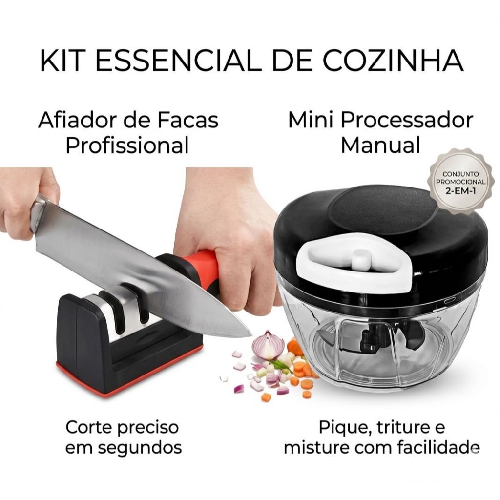 Kit Cozinha Prática 2 em 1 Amolador de Facas 3 Etapas + Mini Processador Manual Triturador Alimentos