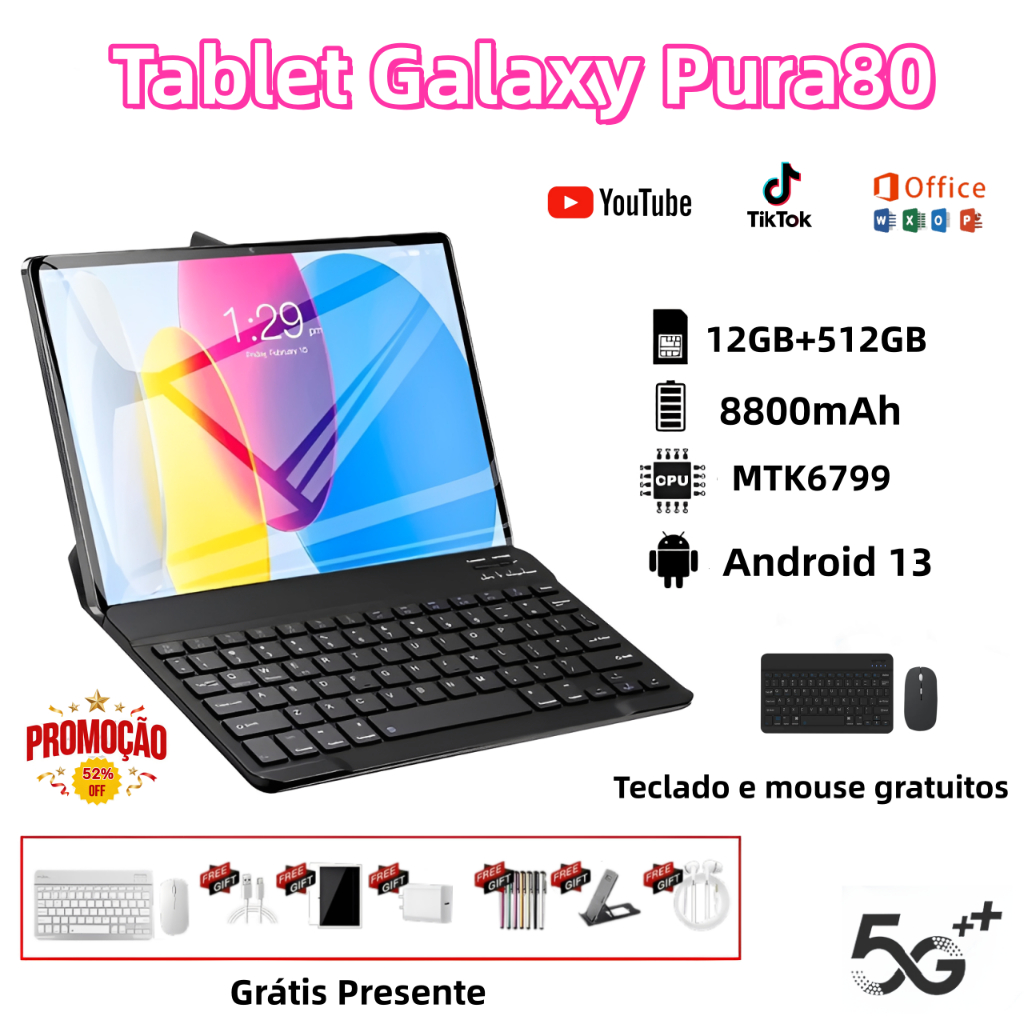 [Teclado e mouse gratuitos] Tablet Galaxy Pura80 11,6 polegadas 8800mAh 12GB+512GB Android Tablet 5G WiFi  Dual SIM