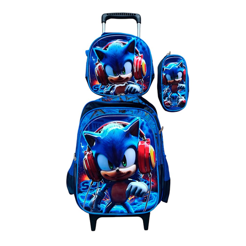 Kit Mochila Sonic 2 em 3D Alto Relevo com Rodinhas + Lancheira Térmica + Estojo Escolar Infantil