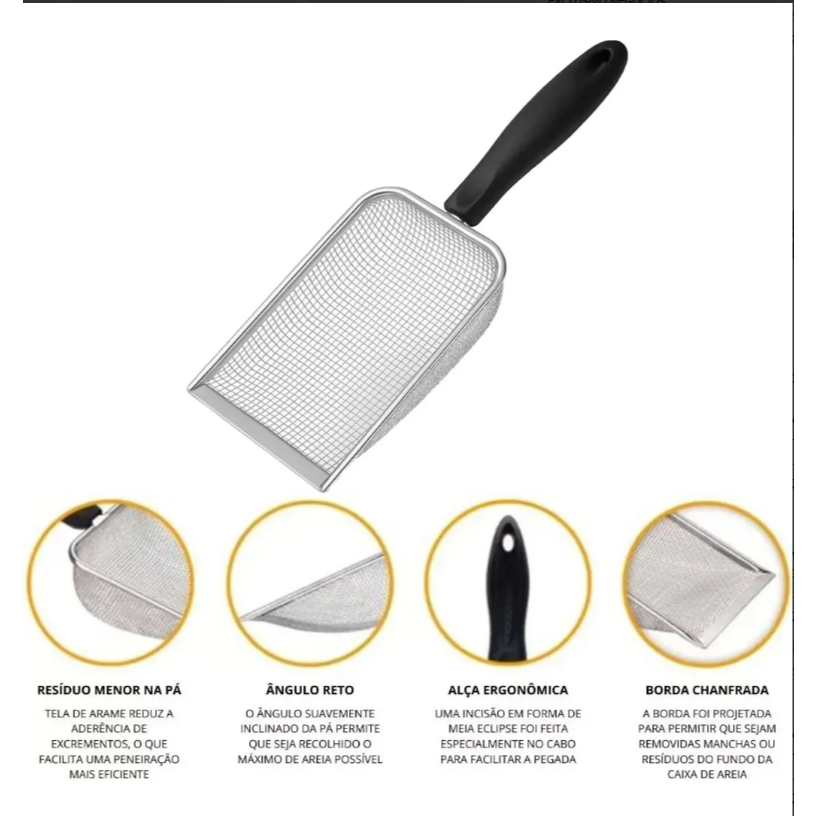 Pá Inox Pazinha Coletora Higiênica De Areia De Gato Peneira Aço Malha 2,8 Mm