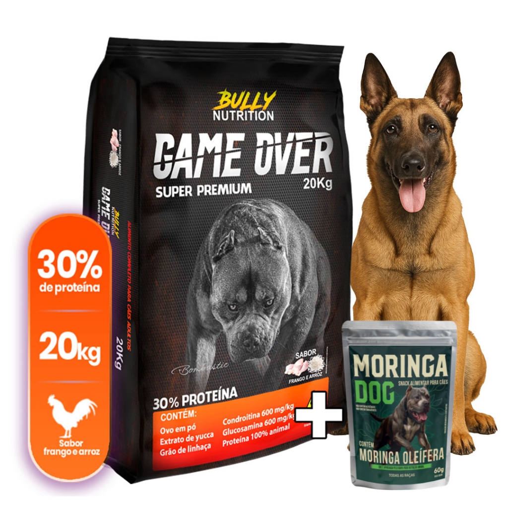 Ração Para Cachorro Pastor Malinois Game Over 20Kg  + Ganhe Moringa Dog 60g | Força e Nutrição