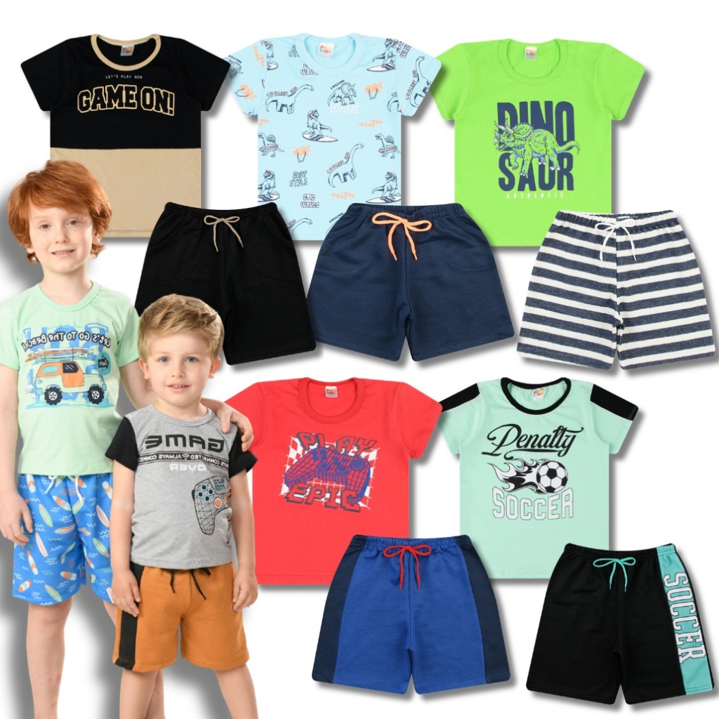 Kit 5, 4, 3 ou 2 Conjuntos Sortido Masculino Infantil/Juvenil - Camisetas + Bermuda Menino Verão