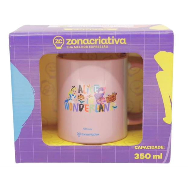 Zona Criativa Caneca Alice in Wonderland, Rosa, 350ml, Design com Personagens Disney, Gato de Cheshire, 8cm x 9.5cm