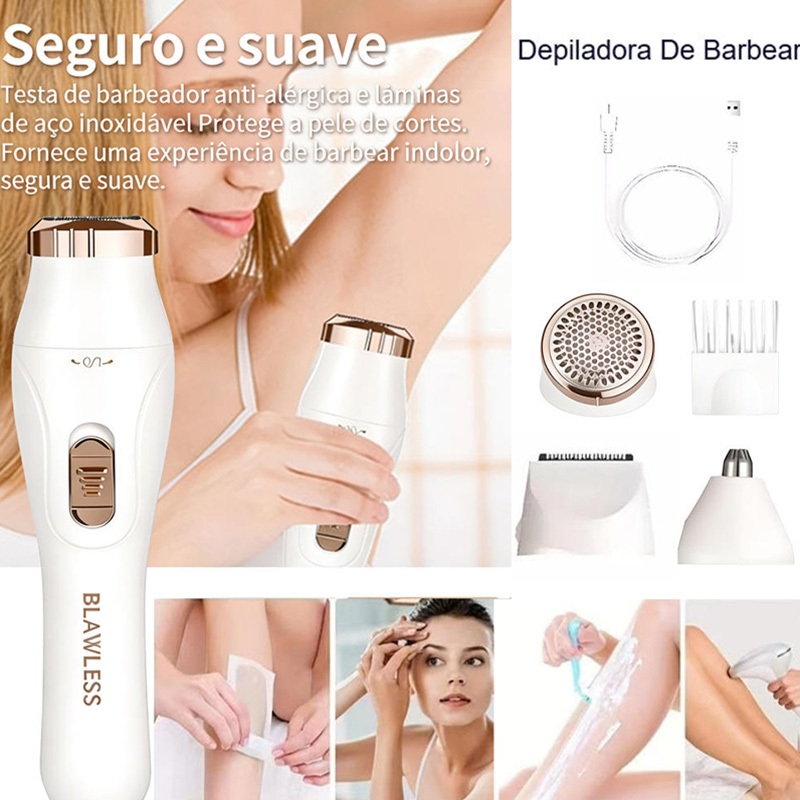 Depilador 3 em 1 Recarregável à Prova d’Água com Acessórios para Rosto e Corpo USB M1