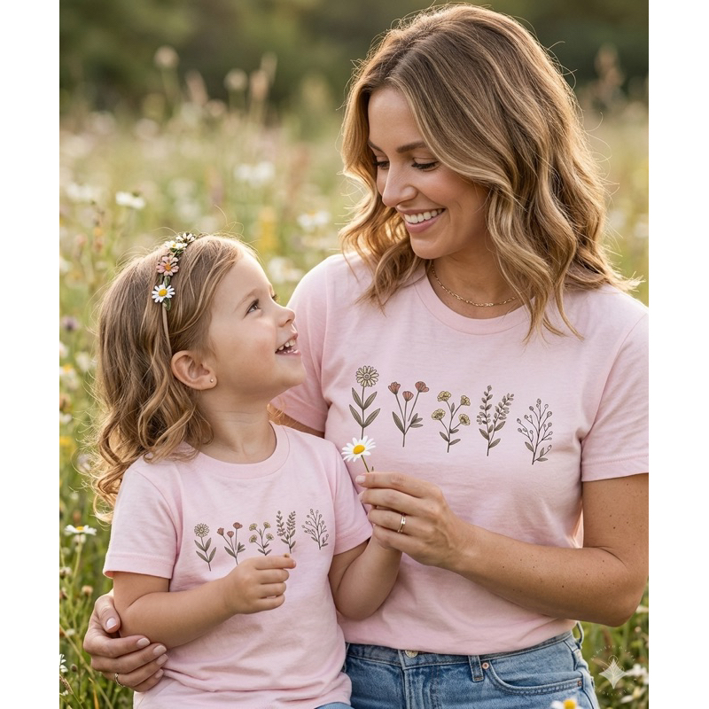Kit Tal Mãe Tal Filha Camiseta Floral Delicada Algodão | Look Combinando Dia das Mães | Ensaio Fotográfico Família