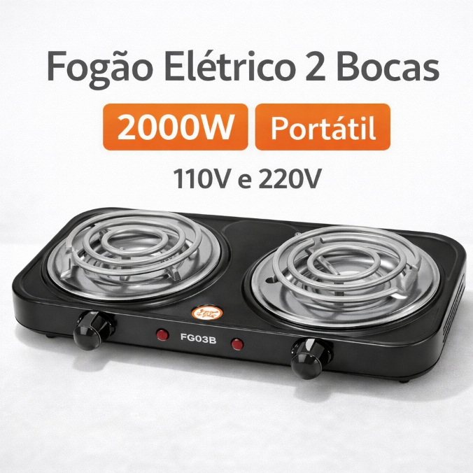 Imagem Fogão Elétrico 2 Bocas 2000W Portátil 110V/220V Espiral
