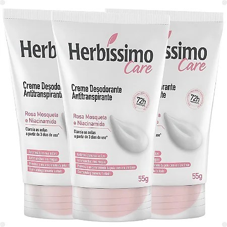 Kit Com 3 Desodorante Creme Antitranspirante Herbíssimo Bisnaga Rosa Mosqueta e Niacinamida 55g