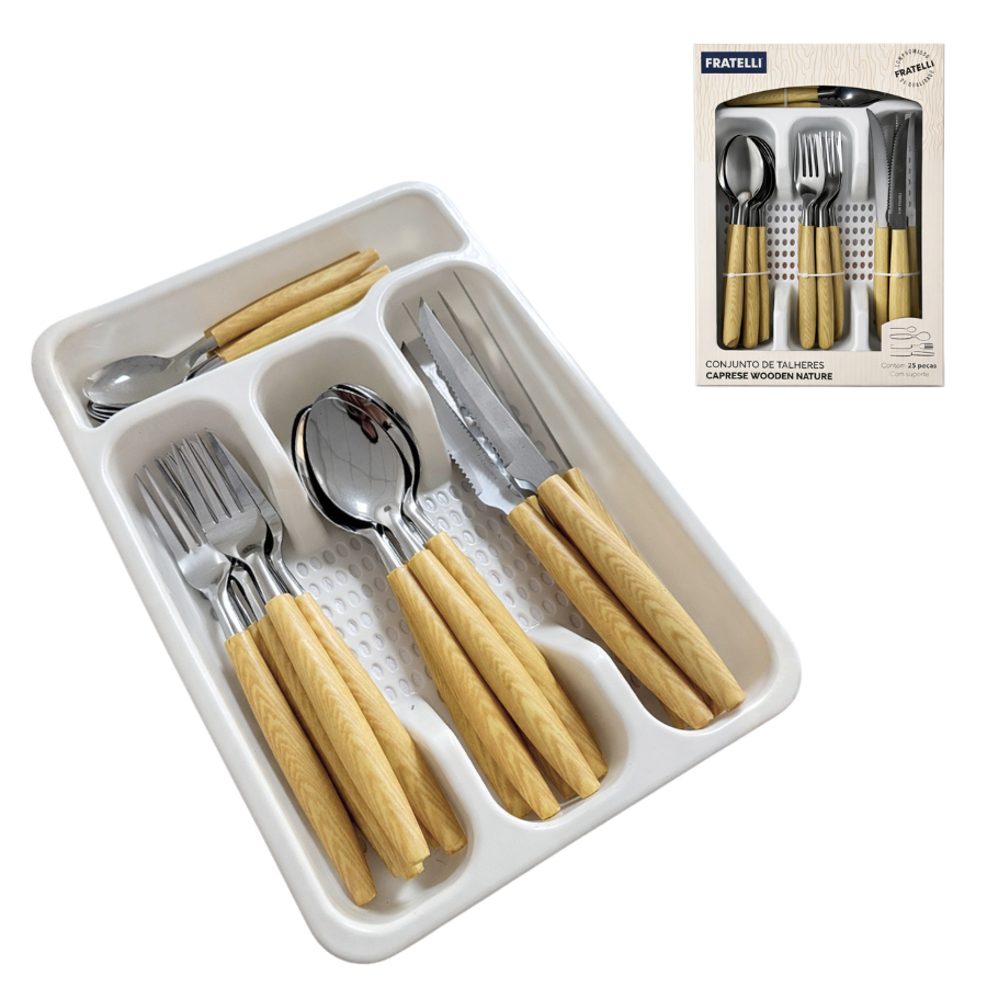 Jogo 25 Talheres Aço Inox Faca Colher Faca Estilo Madeira Com Suporte - Wooden