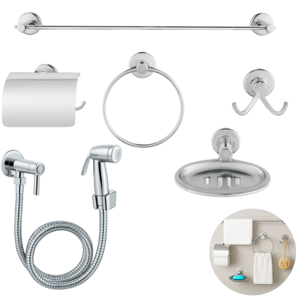 Kit Banheiro acessórios 5 peças inox + Ducha Higiênica abs 1,2 metros