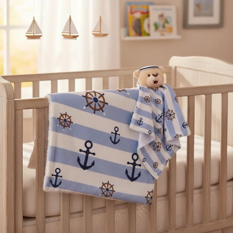 Kit Cobertor Sherpa Urso Marinheiro Naninha Prendedor de Chupeta Bebê Menino Enxoval Maternidade Macio Quentinho Plush