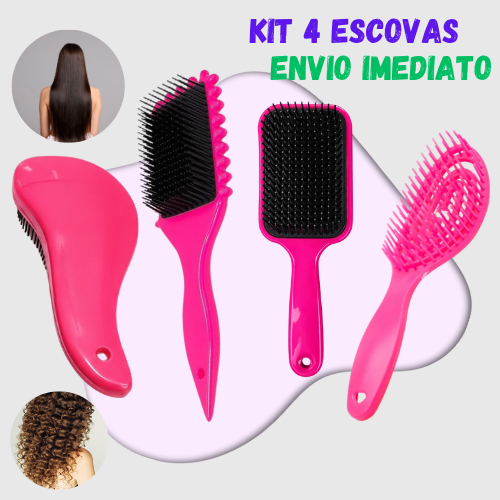 Kit 4 Escovas de Cabelo Profissionais: FITAGEM, FLEX OVAL, RAQUETE CURVA e MÁGICA Desembaraçante