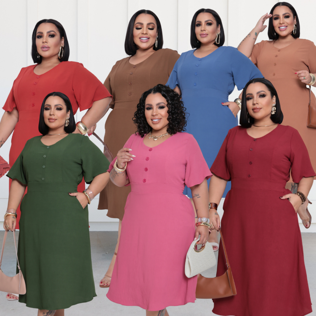 Vestido Feminino Midi Plus Size Com BOTÃO no Busto e com Lastex nas Costas e Bolsos Funcionais