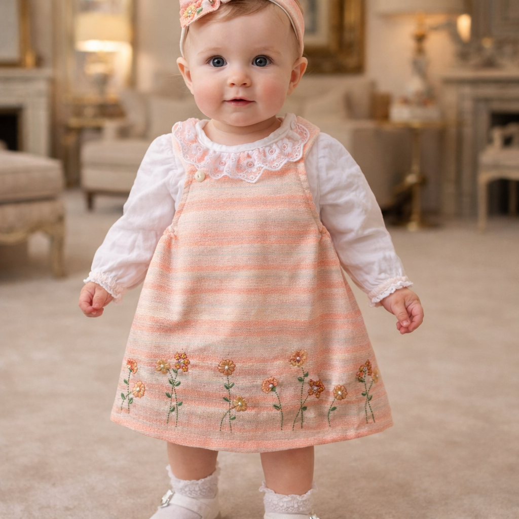 Vestido Bebê com Bordado Floral e Pérolas + Blusa Plush com Gola de Renda Luxo Conjunto Menina l Moda Bebê Brokinha