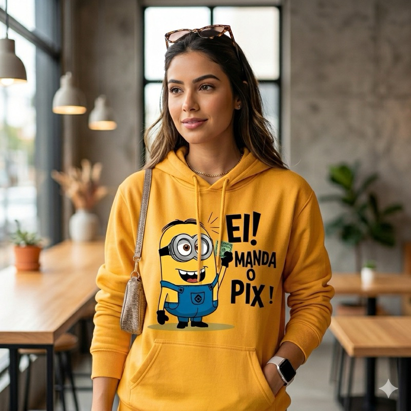blusa de moletom frio canguru Flanelado adulto unissex Desenho Minions Faz o Pix Tumblr confortável