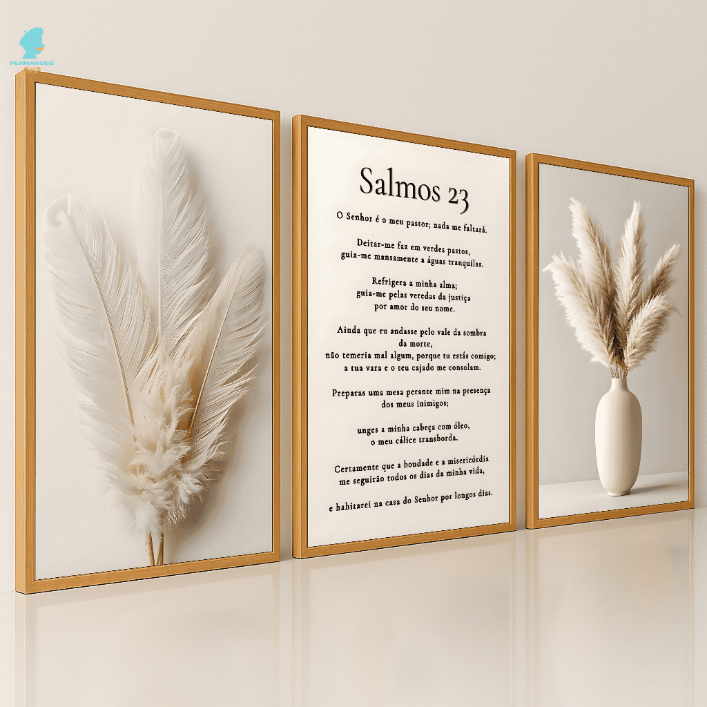 Quadros Decorativos Trio Salmos 23 com Ramos Brancos e Bege Modernos Sala Quarto