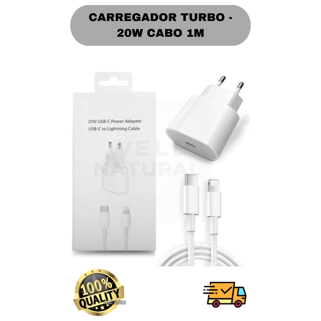 Carregador celular turbo 20w usb-c cabo lightning 1m kit carregador + cabo