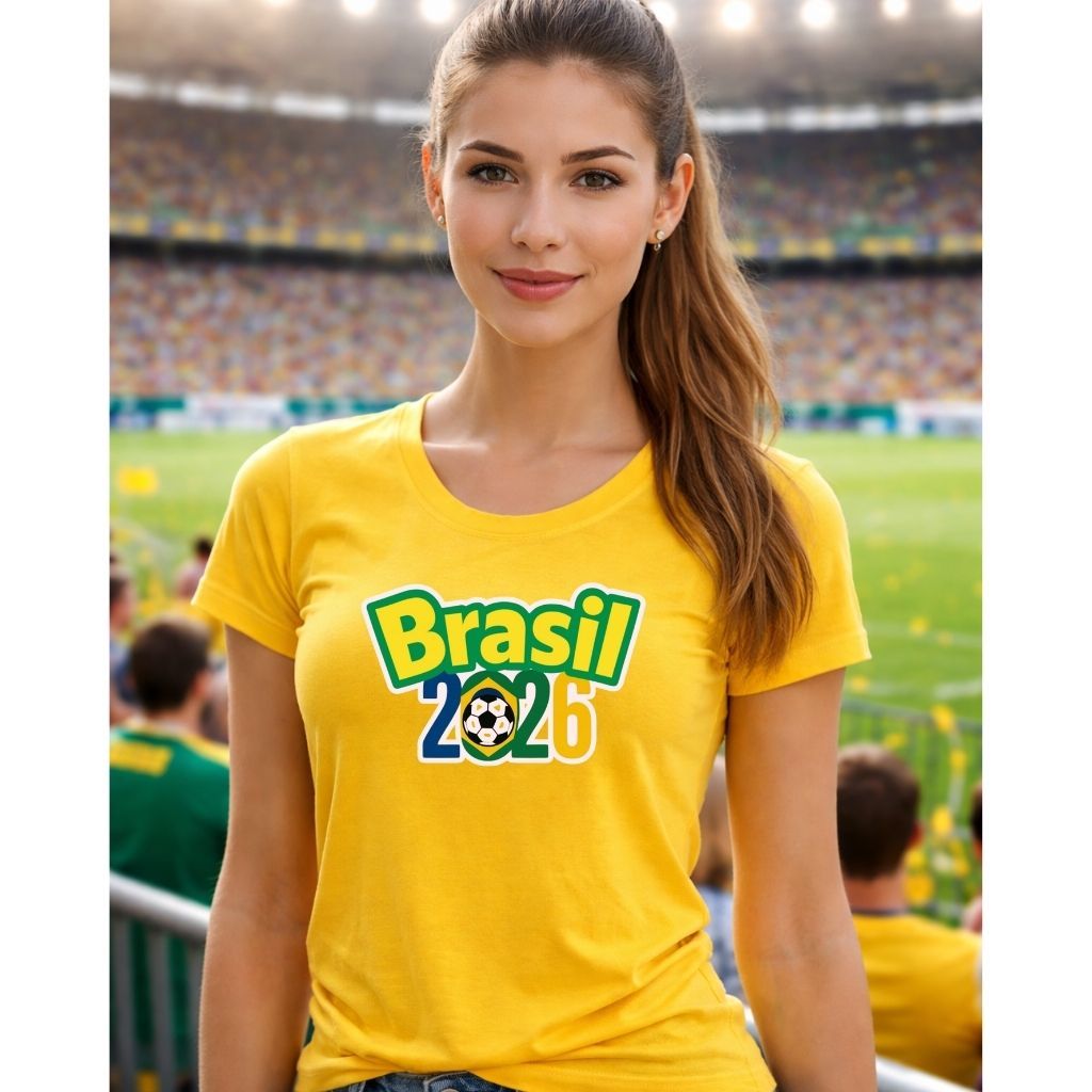 Camisa do Brasil Feminina Algodão, Camiseta para Copa do mundo Estampa Brasil 2026