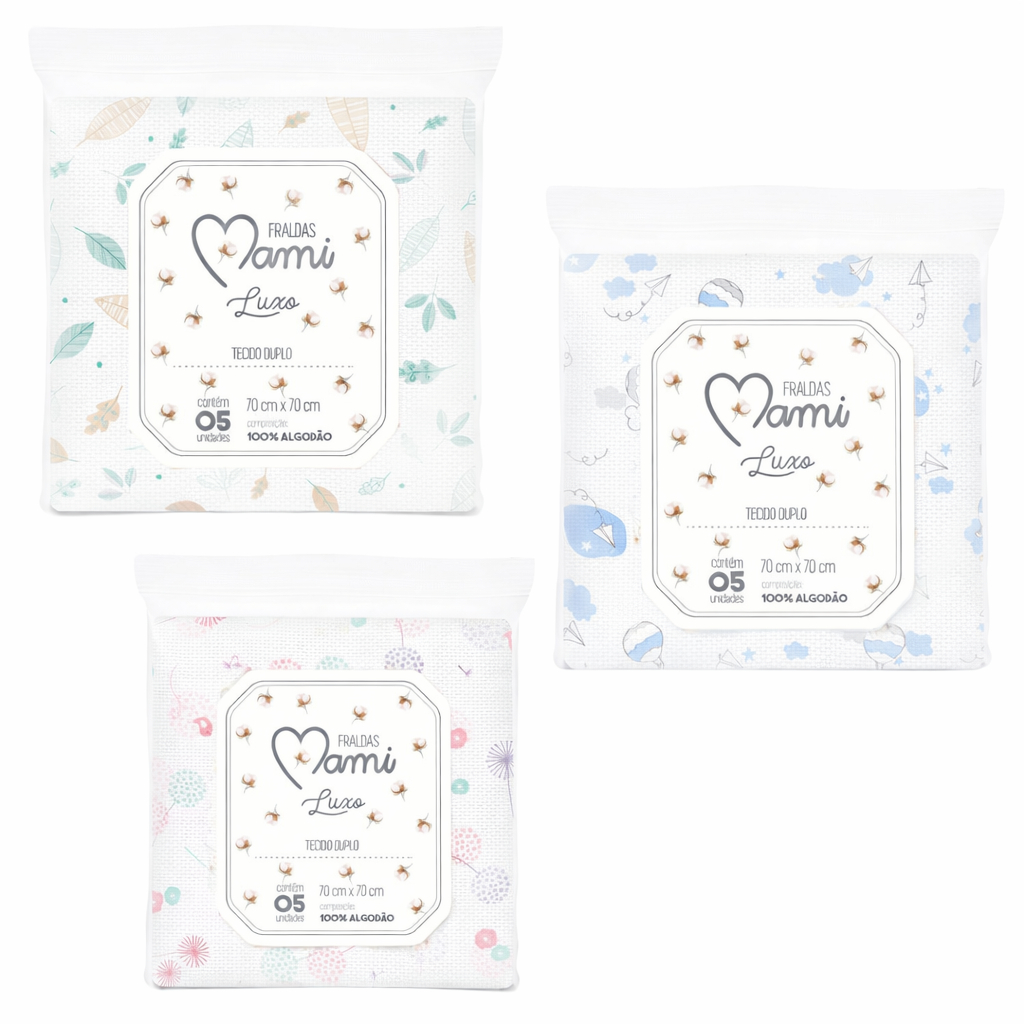 Kit 5 Fraldas Mami Papi 70x70cm Estampada Sem Bainha 100% Algodão Bebê