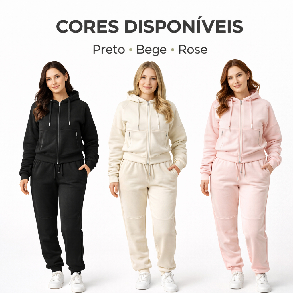 Conjunto Moletom Feminino Flanelado Forrado Felpudo Quentinho Com Capuz e Zíper Casual Blogueira