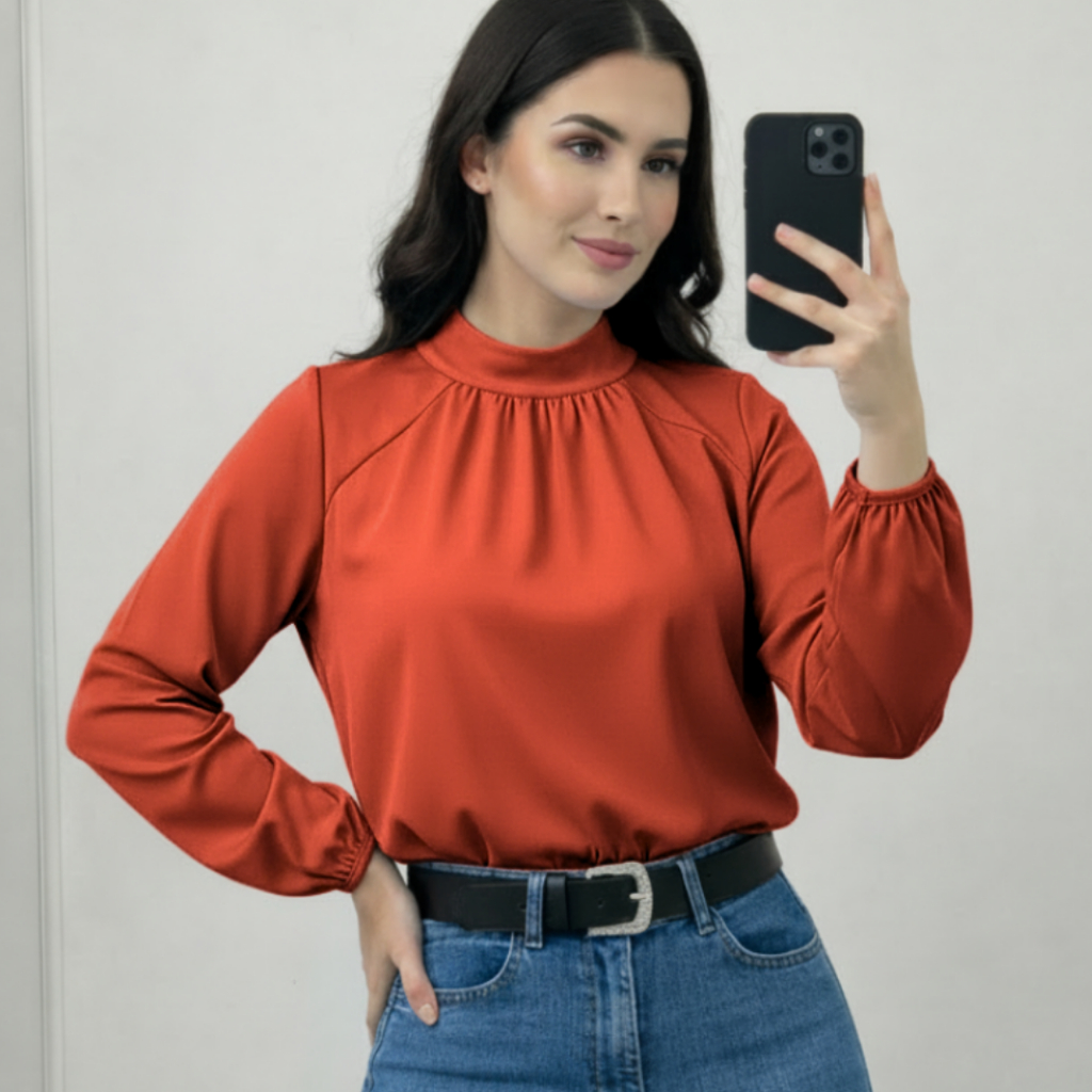 Blusa Feminina Gola Alta Elegante Franzida Manga Longa Estilo Chic Suplex