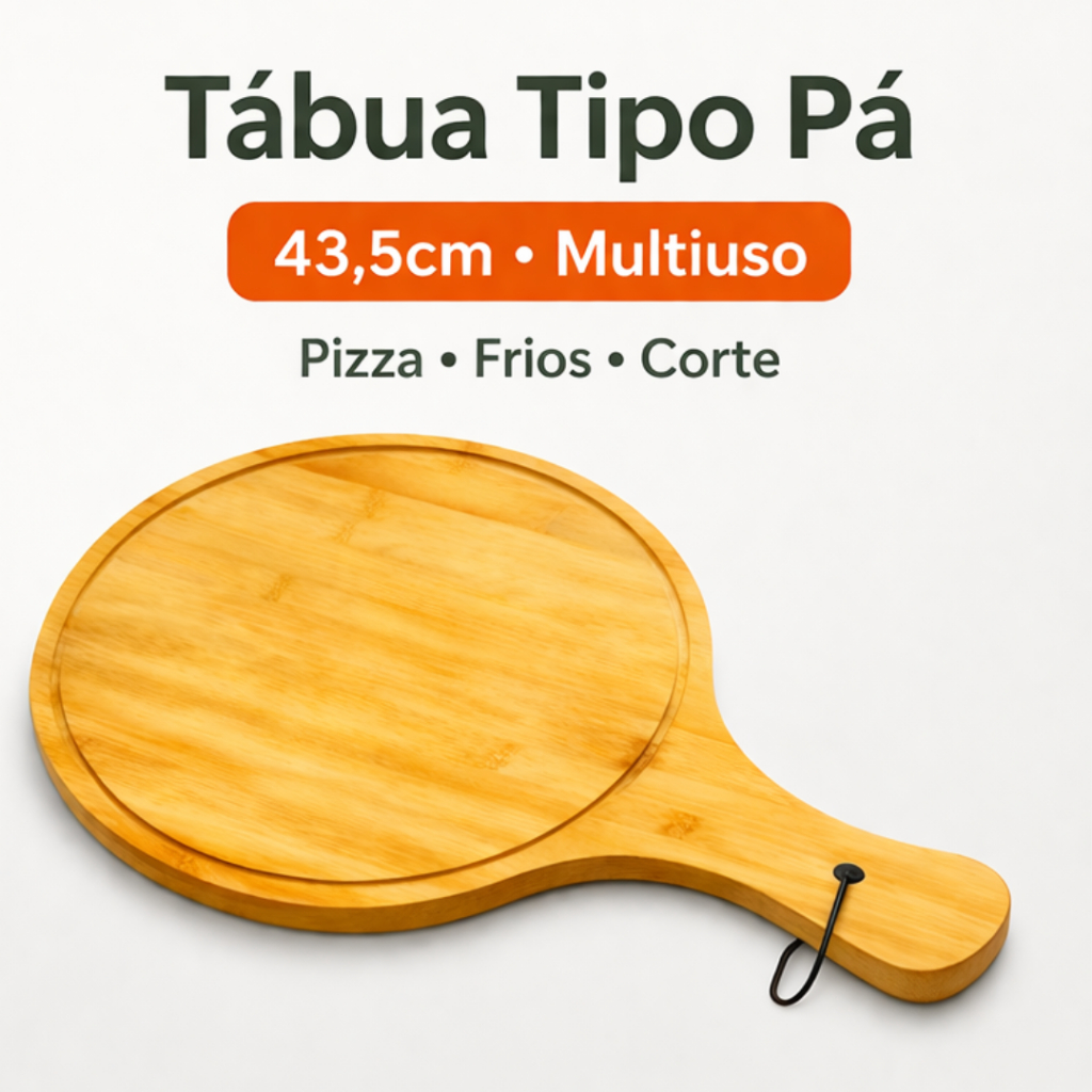 Tábua Bambu Tipo Pá 43,5cm com Alça | Pizza Frios Queijos | Tábua Corte Multiuso