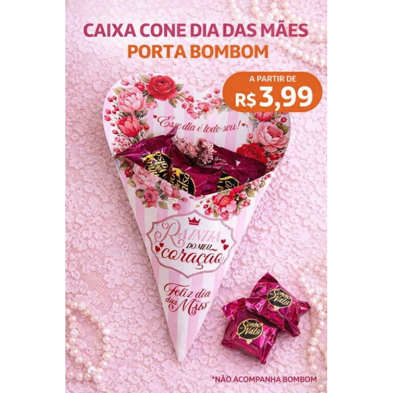 kit com 10 Caixas buquê Cone Dia das Mães Porta Bombom | Lembrancinha Personalizada