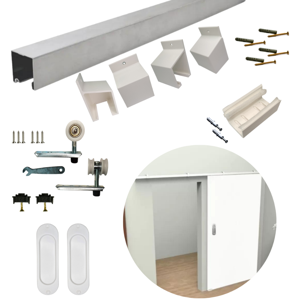 KIT DE FERRAGENS DE CORRER 2.00M BRANCO PARA PORTA DE 1.00M COM FECHO CONCHA