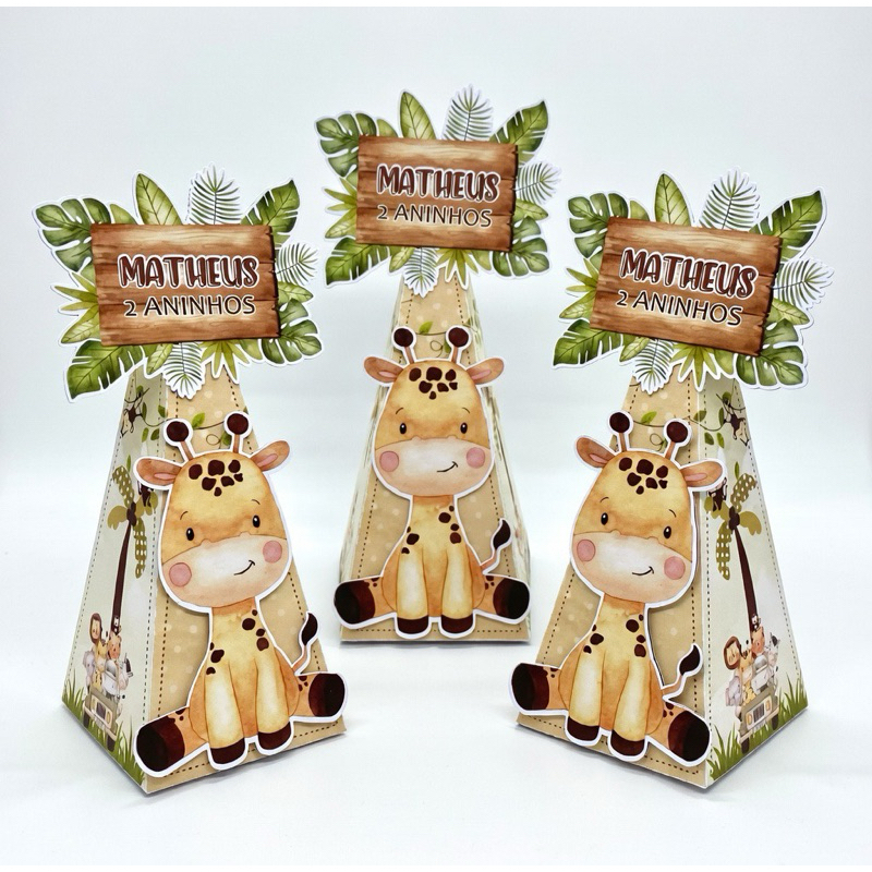 Kit Caixa Cone / Pirâmide Safari Baby Luxo (10, 20 ou 30 un) Personalizada Nome - Papel Fotográfico Brilho