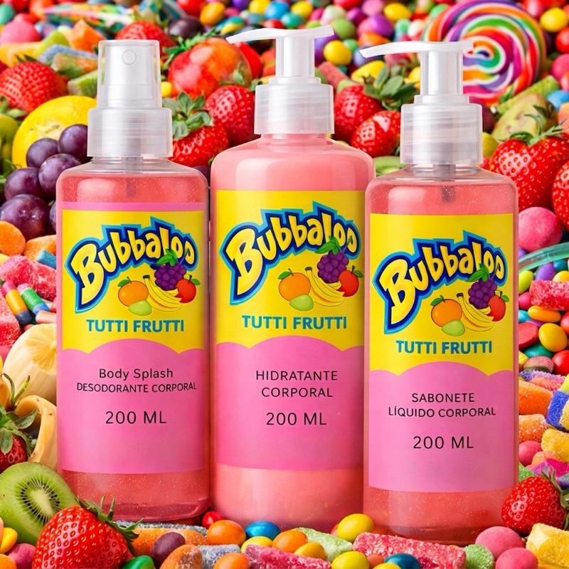 1 Kit Body Splash Tutti Frutti com gliter 200Ml + 1 Hidratante Tutti Frutti  200ML + 1 Sabonete Corporal Bubbaloo Tutti