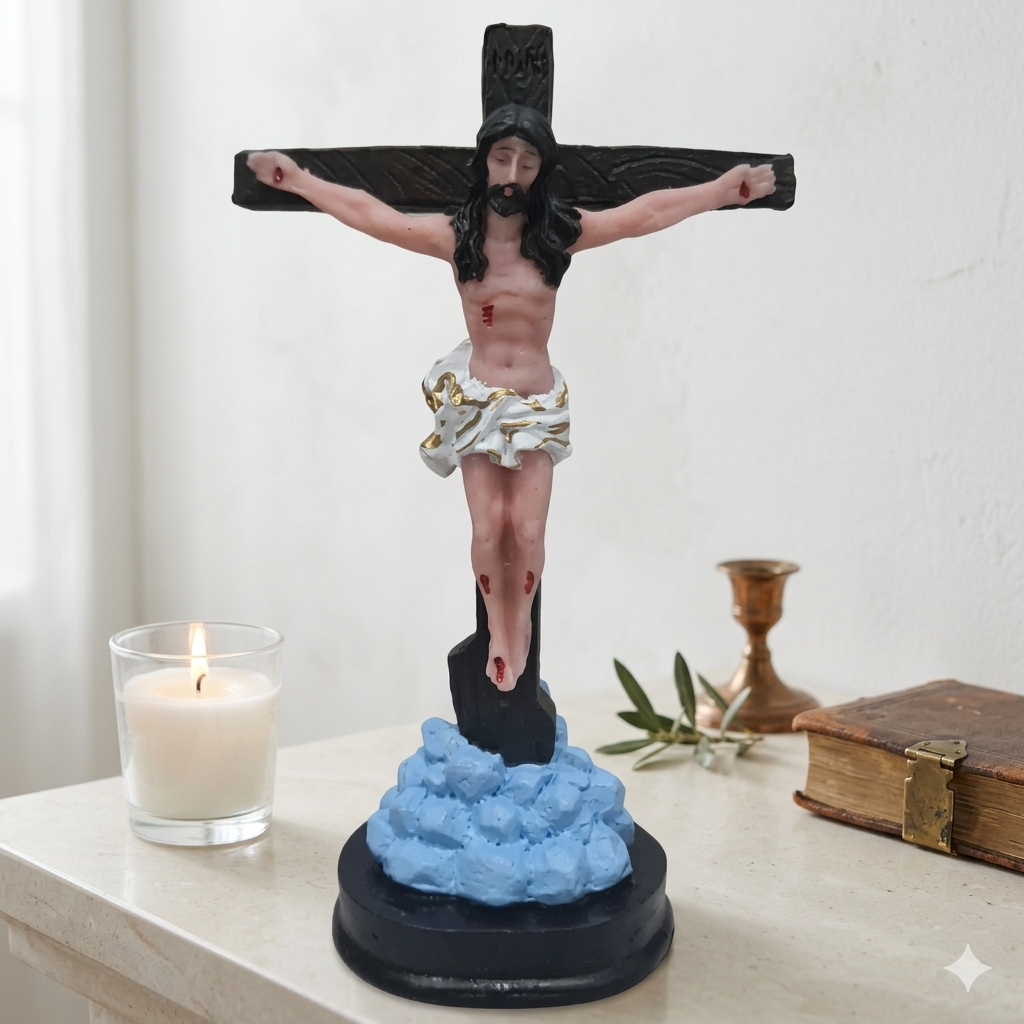 Crucifixo Jesus Crucificado 14cm Resina Estatueta Religiosa Decoração Mesa Altar Oração Presente Católico