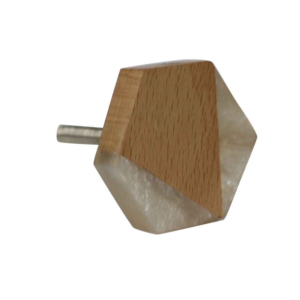 Puxador Mármore e Madeira Hexágono Geométrico Branco Resina Porta Balcão Luxo