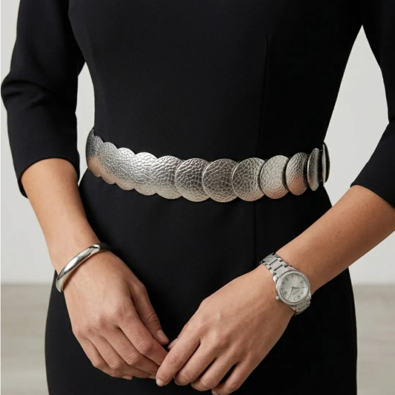 Cinto Feminino Elástico Com Discos De Metal Prata Para Vestido E Calça HL-58-B