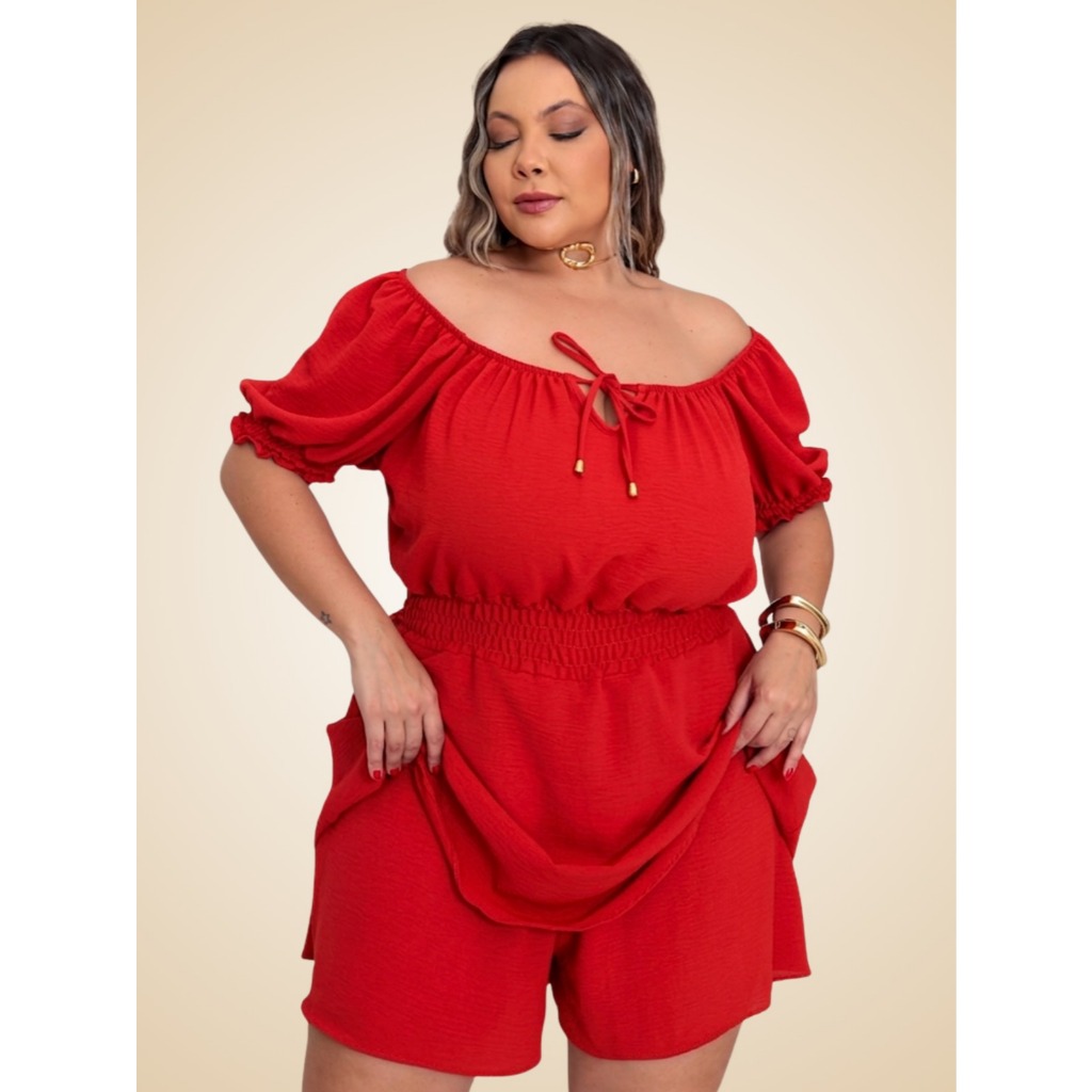 Macaquinho Feminino Plus Size Short Saia Babados Ciganinha - Ombro a Ombro Soltinho Tecido Duna