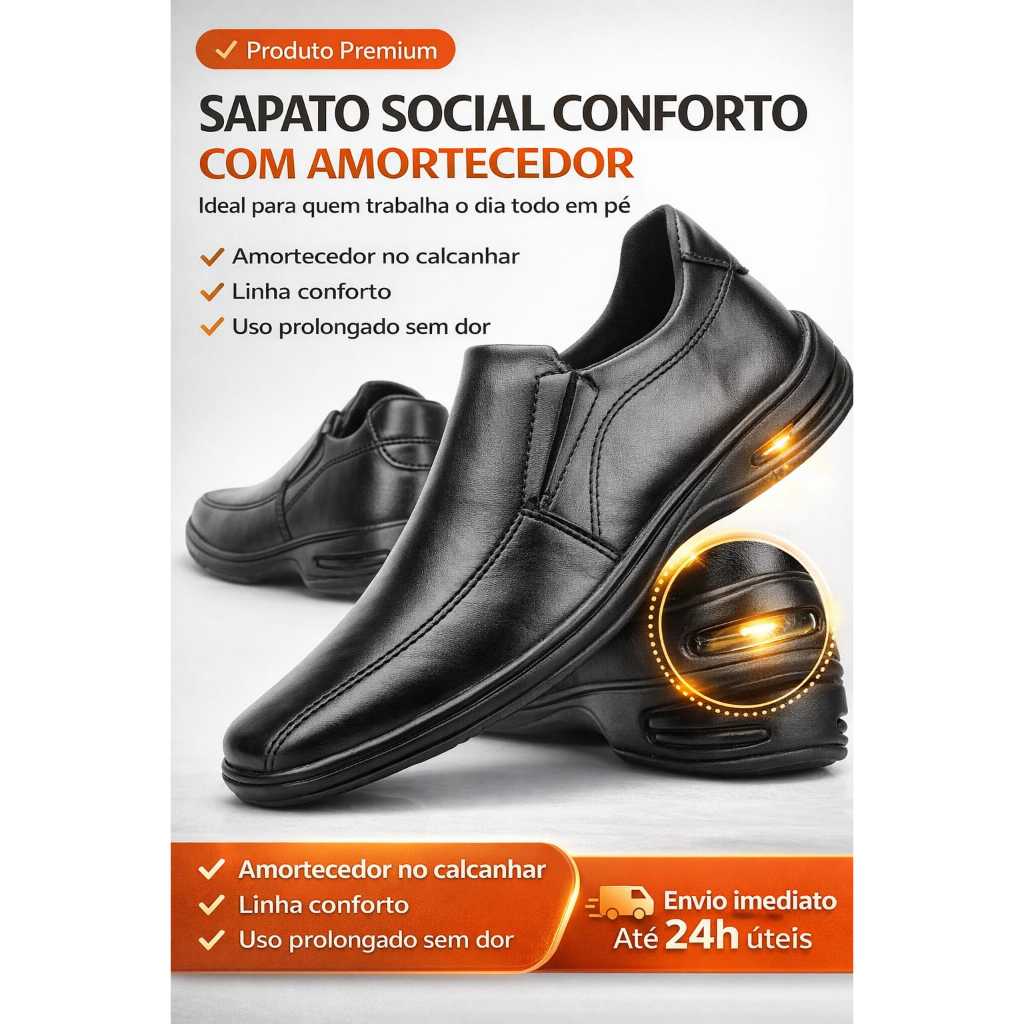 Sapato Social Masculino Conforto com Amortecedor no Calcanhar Ideal Para Trabalho em Pé Envio Rápido