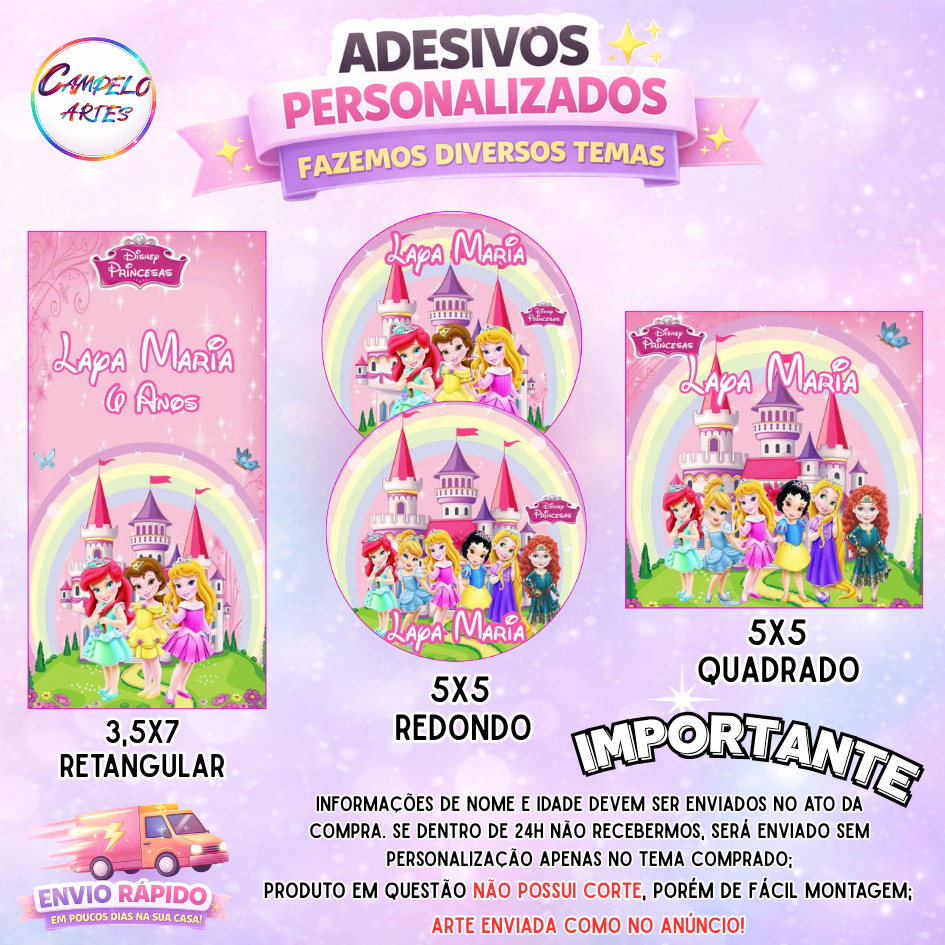 40~120 ADESIVOS PERSONALIZADOS COM NOME E IDADE PARA LEMBRANCINHAS - TEMA: PRINCESAS DISNEY BABY