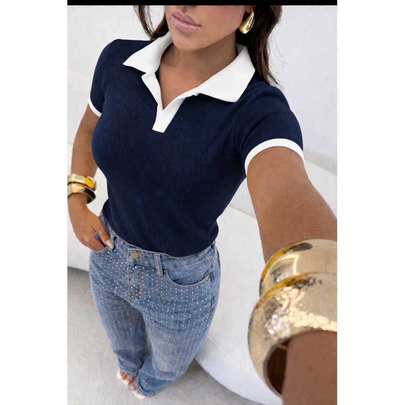 Camisa polo Bicolor Feminina Manga curta Ribana Algodao Simples Casual Malhado Diário