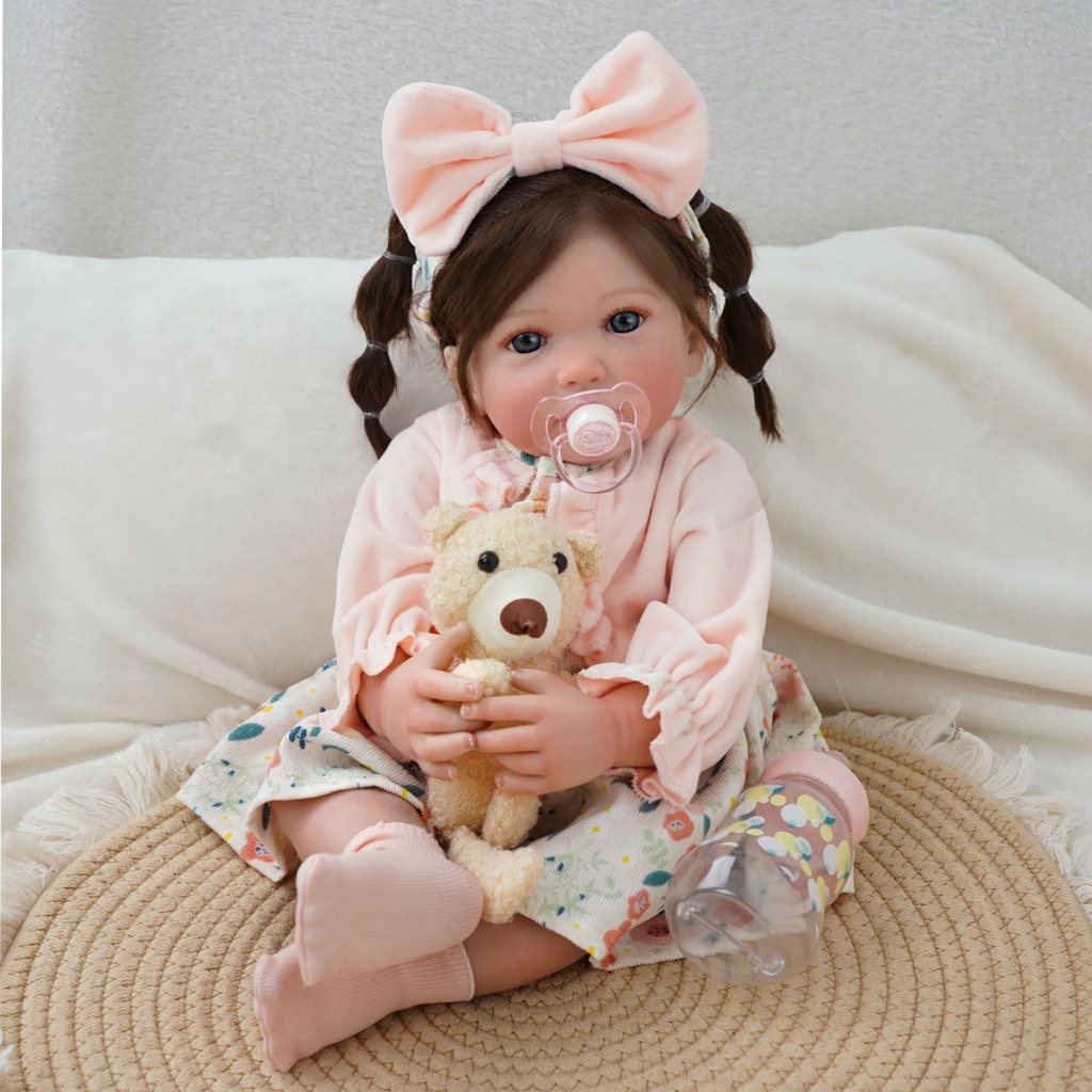 BRASTOY Bebê Reborn 55CM Boneca silicone Transplante Capilar Para Menina De Olhos Azuis