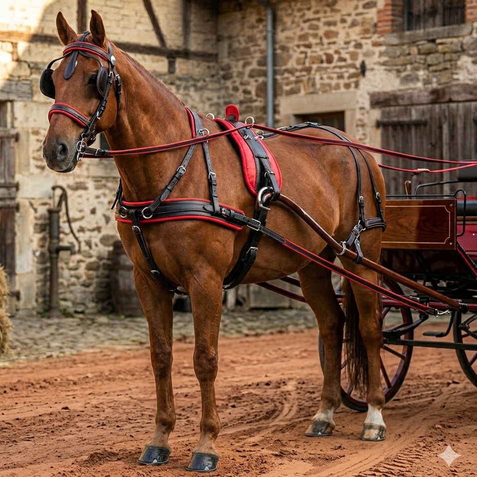 Kit Arreio Completo de Charrete para Cavalos na cor Vermelho Selote Peitoral Rédeas