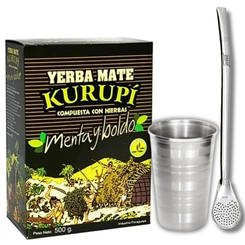 KIT KURUPÍ Erva Mate Kurupí 500g Paraguaia + Copo Aluminio + Bomba Classica Terere