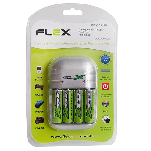 Carregador De Pilhas, Flex, Bivolt, Para 4 Pilhas, 2900 mAh
