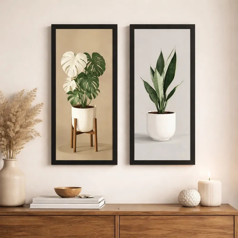 Kit Quadros Decorativos Vaso De Plantas Costela De Adão Espada De São Jorge Para Sala Hall Cozinha