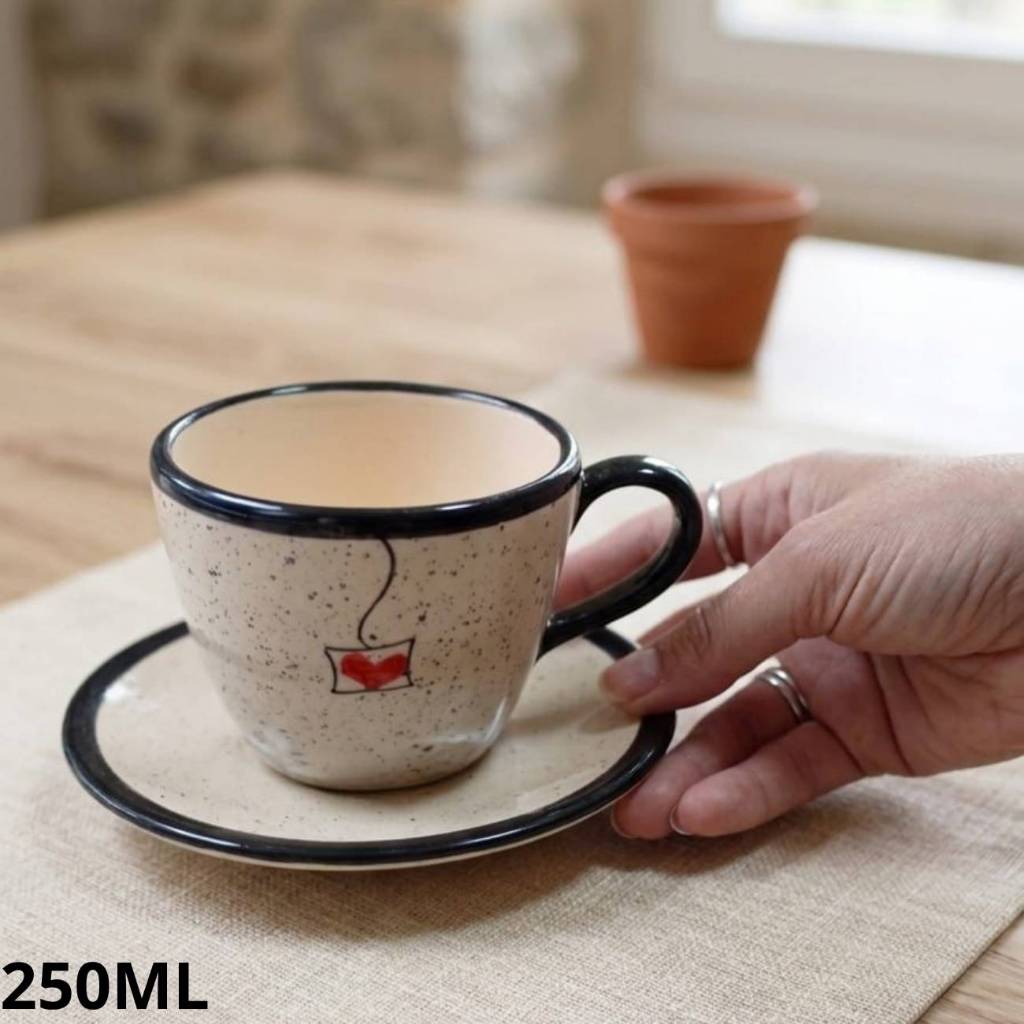 Xícara Café 250ml com Pires Cerâmica Rústica Decorada Conjunto Café Bonito Presente Delicado