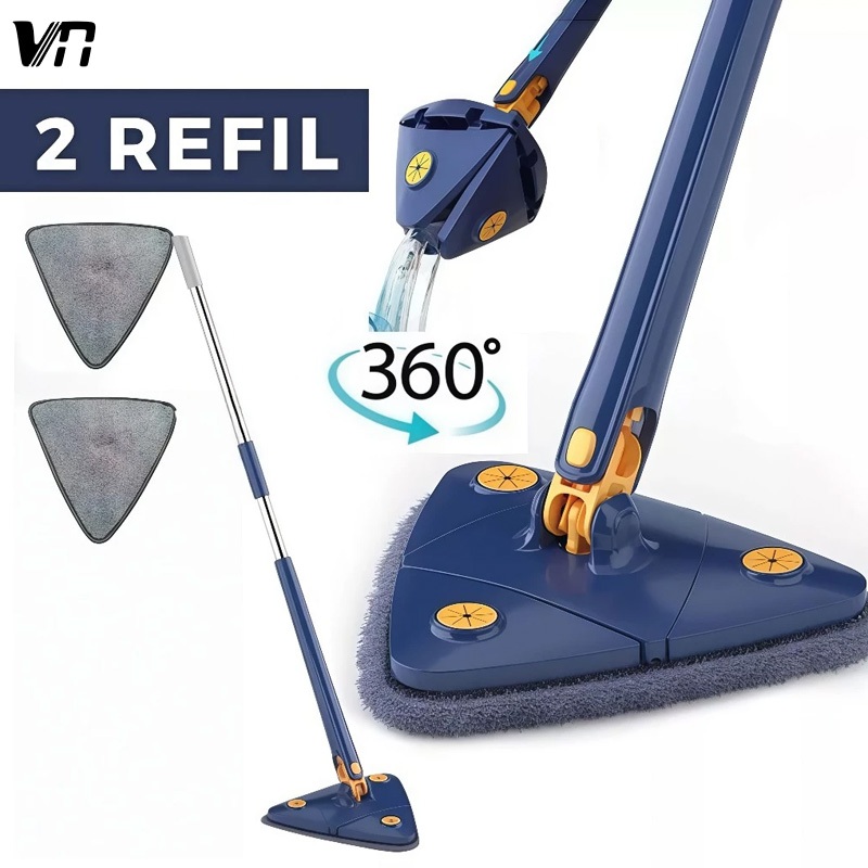 Kit 2 Esfregão Triangular 360° Mop Limpeza com 2 Refis Cabo 130cm Rodo Giratório Limpador de Piso Multiuso- 4001