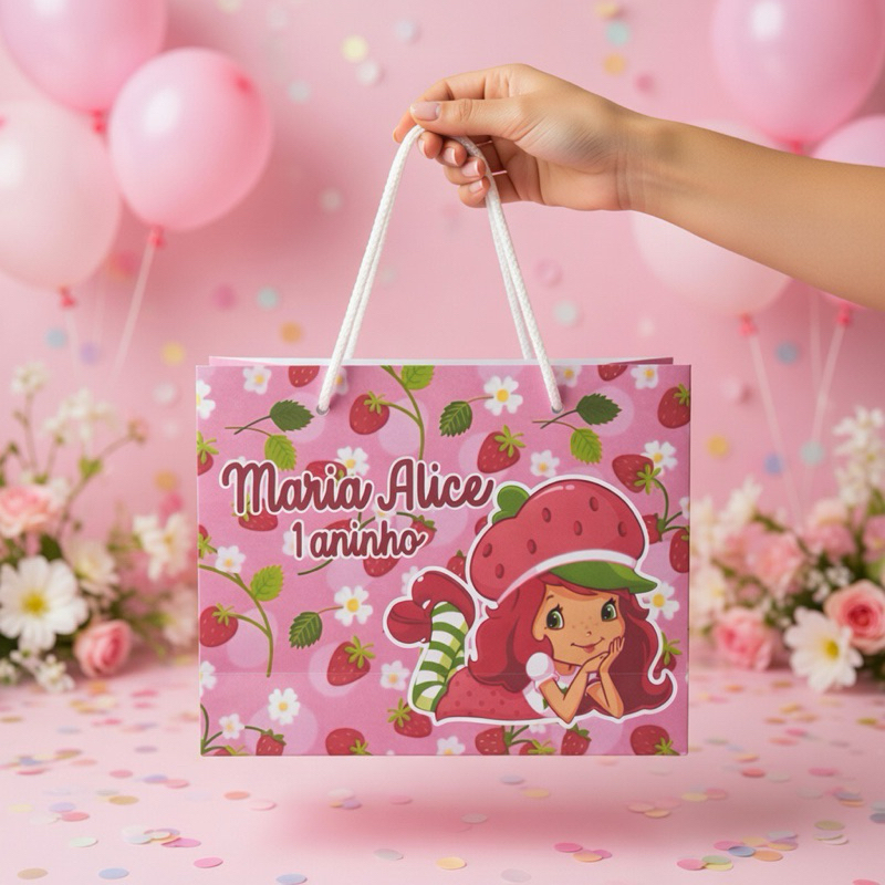 Sacolinha Para Lembrancinha Moranguinho Personalizada Aniversário Infantil Pegue e Monte