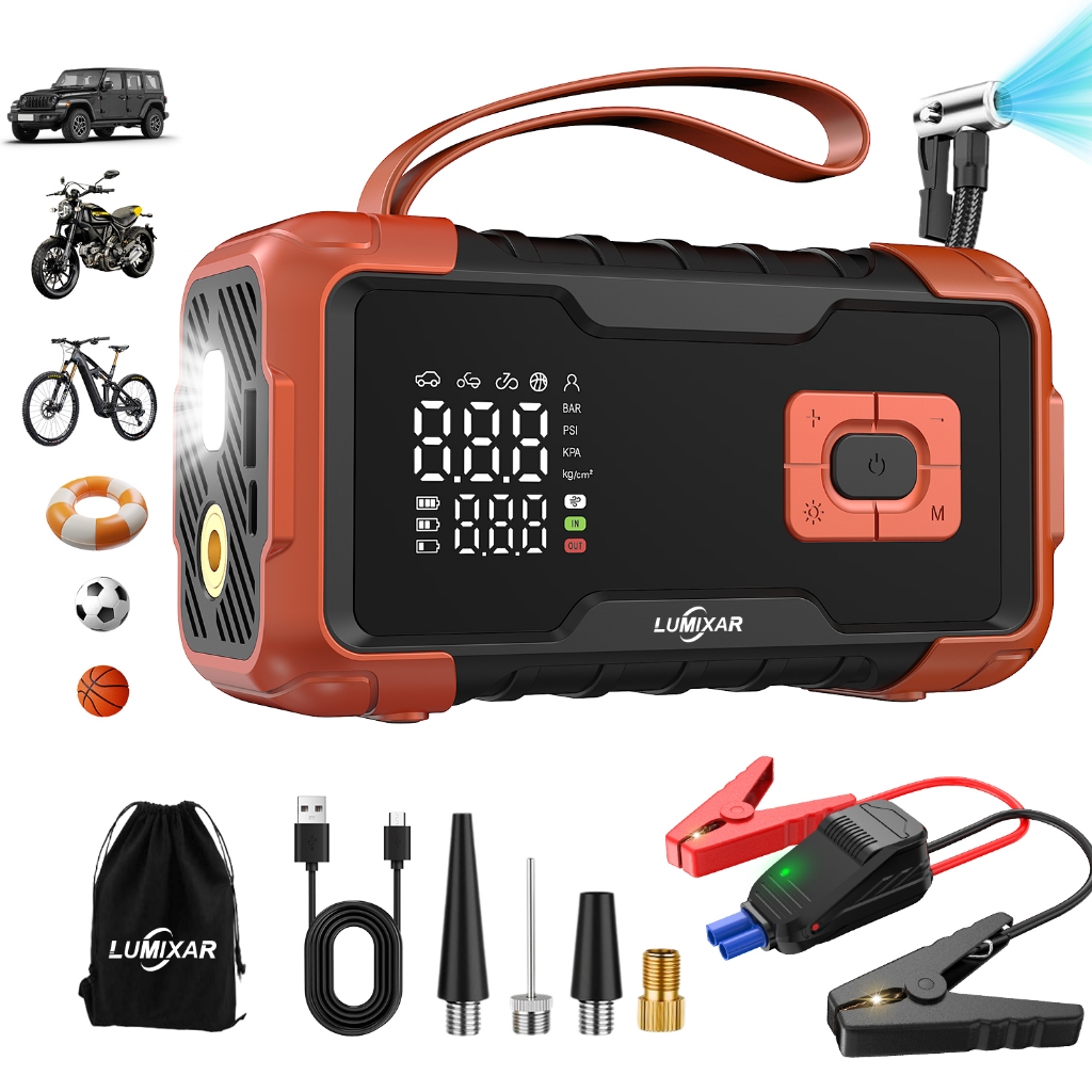 4 em 1 Auxiliar de Partida 26800mAh 150PSI Compressor Ar Portatil Power Bank Lanterna Carregador Bateria 12V Carro Moto