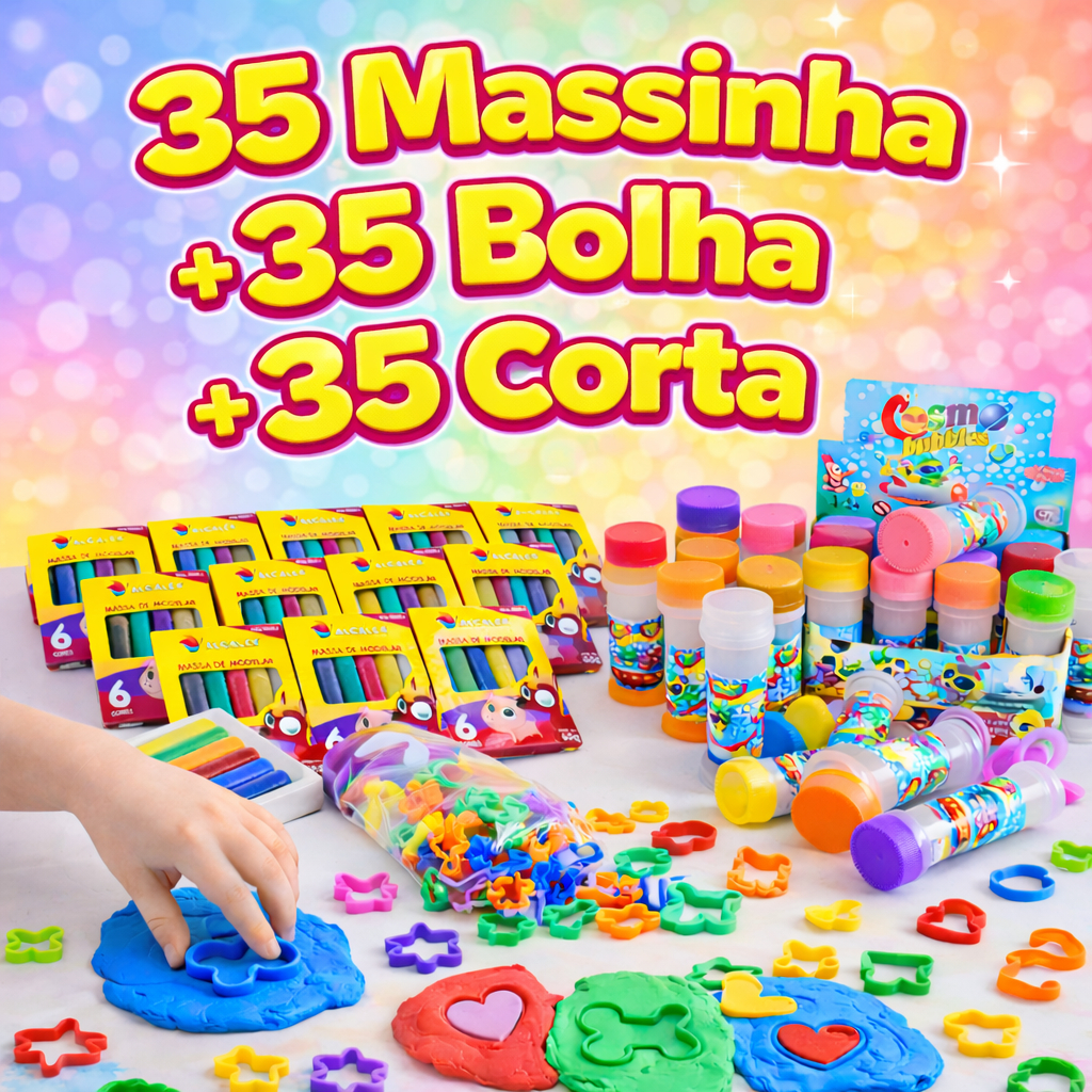 35 Cx Massinha Modelar + 35 Bolha Sabão + 35 Cortador Molde Forminha Kit Festa Lembrancinha