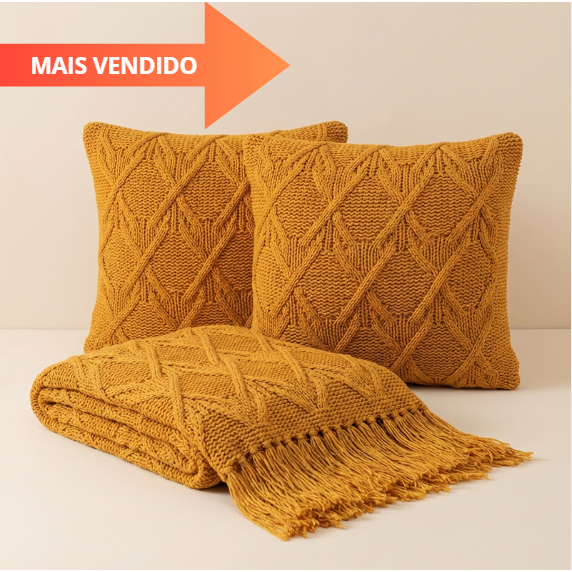 Kit Manta de Tricô + 2 Capas de Almofadas 45X45cm Sofá Poltrona Cobertor Cama 150x90cm Usufruto Decorativa Sala L6