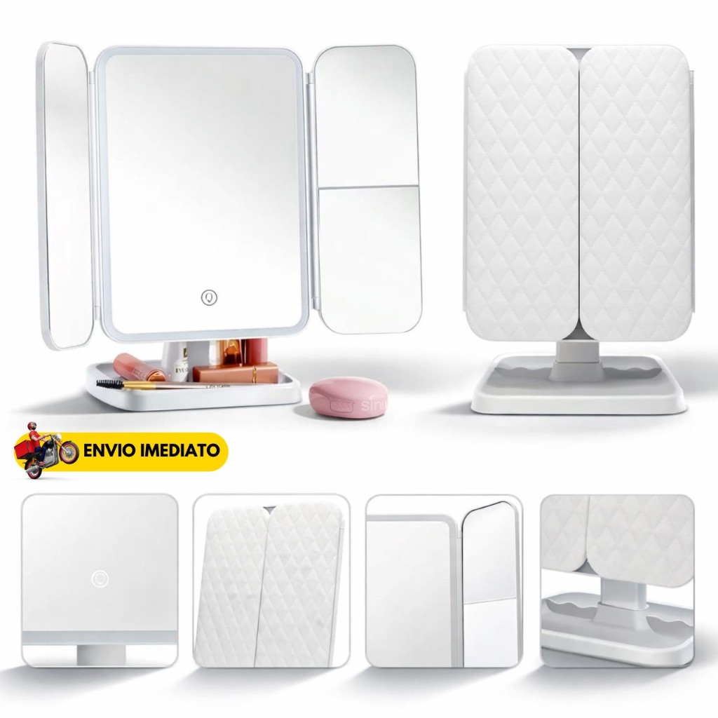 Espelho de Maquiagem Com Led Aumento 2X/3X Camarim Iluminação Dobravel Três Lados Penteadeira Portátil Profissional