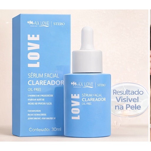 SERUM FACIAL CLAREADOR MAX LOVE 30ML OIL FREE AUXILIAR NA UNIFORMIZAÇÃO DO TOM DA PELE, NUTRE E HIDRATA A PELE