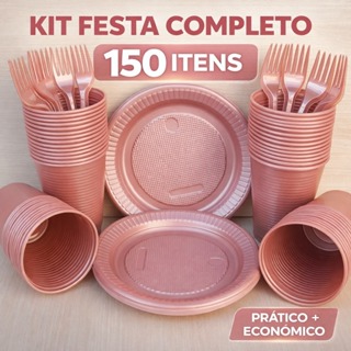 Kit Festa de Aniversário Descartáveis Garfo Copo Pratinho Descartável Perolado 50 Pessoas 150 itens